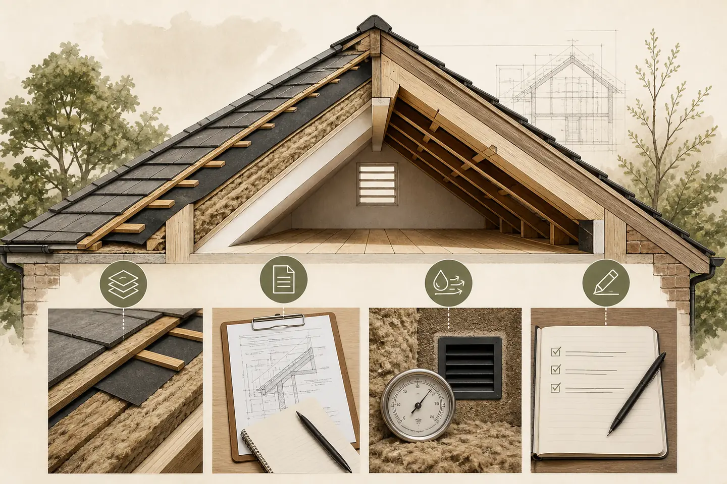 Cutaway roof evidence map linking the roof build-up, installation records, observations and next decision.